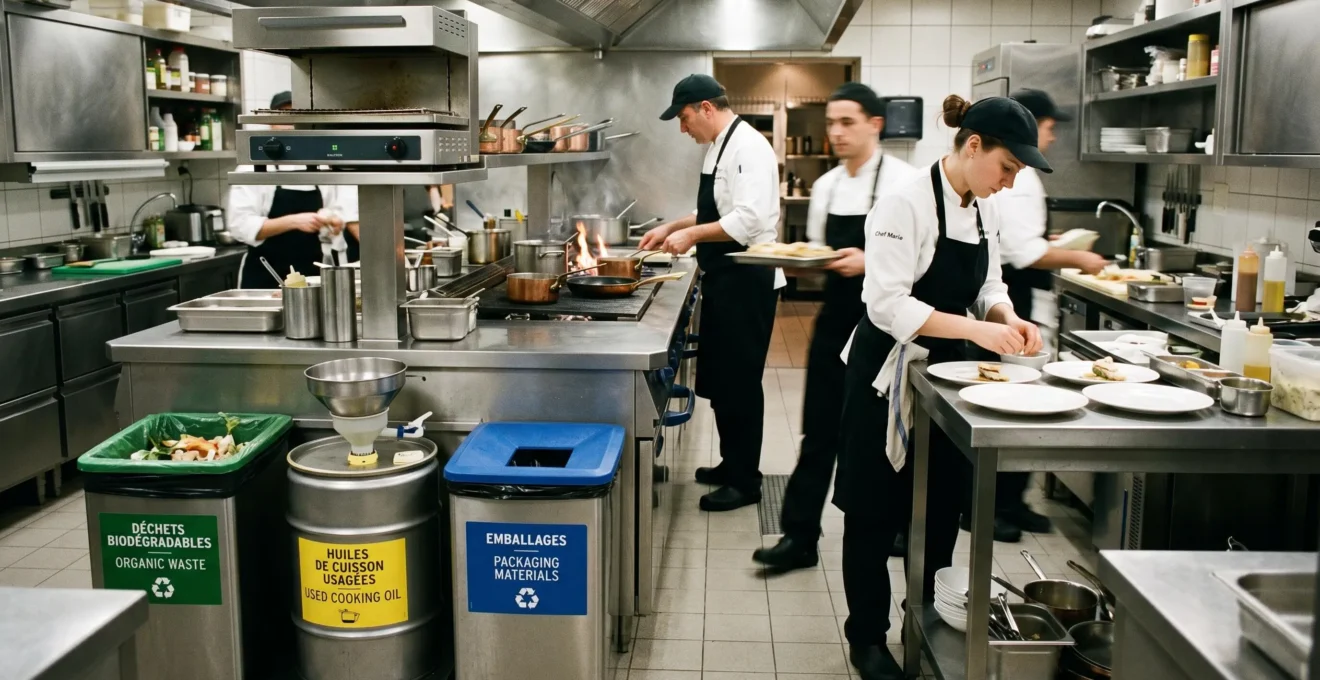 Cuisine professionnelle de restaurant avec stations de tri des déchets organisées, contenants étiquetés pour biodéchets et huiles usagées, équipe en uniforme travaillant selon protocole de gestion des déchets