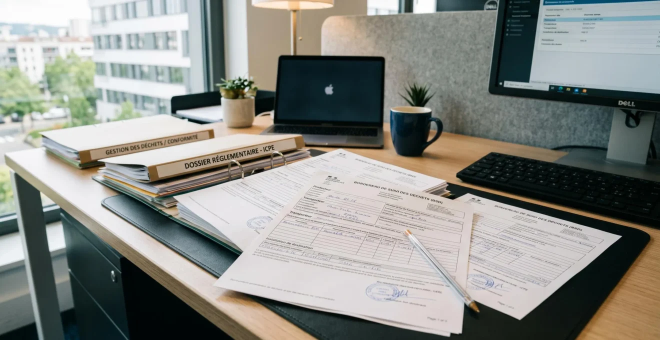 Bureau professionnel avec documents de traçabilité des déchets, bordereaux de suivi et formulaires de conformité réglementaire organisés sur un plan de travail