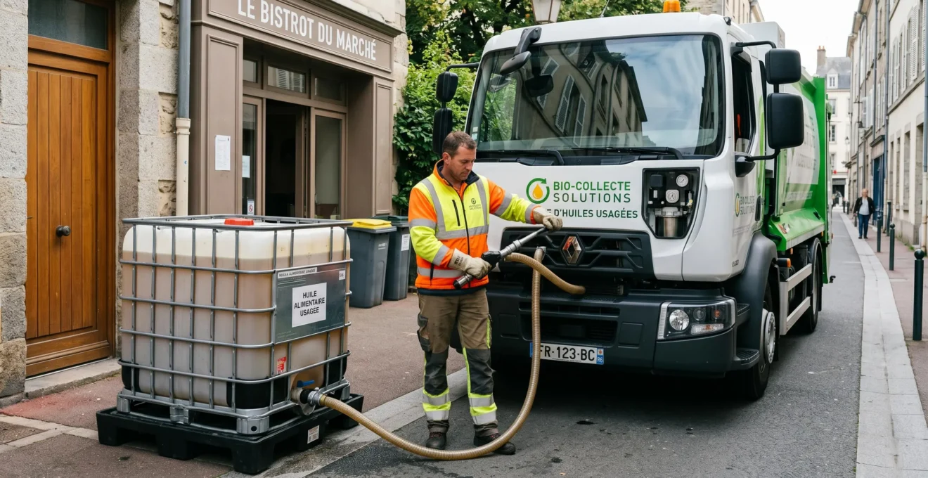 Technicien spécialisé en gilet de sécurité procédant à la collecte d'huiles de cuisson usagées avec équipement professionnel et véhicule de collecte agréé